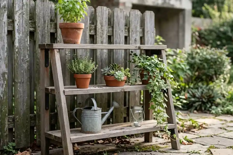 Rustic outdoor garden display shelves made of cedar holding potted herbs and succulents in a sunny backyard