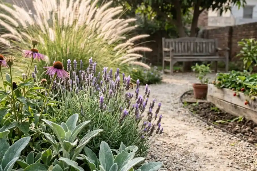 Sensory Garden Plants: 25 Easy Picks for All 5 Senses 1 Sensory garden plants including lavender, lamb's ear, and purple coneflowers beside a sunny gravel path
