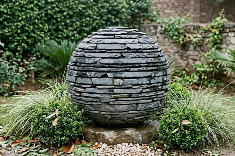 Slate sculpture for garden shown as a hand-stacked slate sphere among boxwood and ornamental grasses