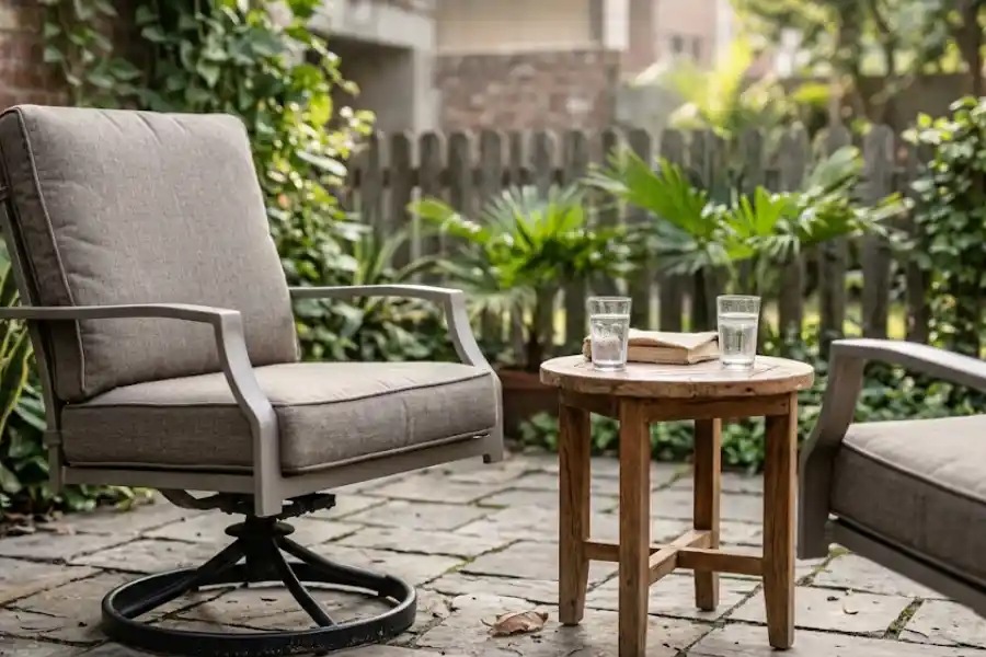 Aluminum swivel chair garden furniture on a flat stone patio with a small teak side table