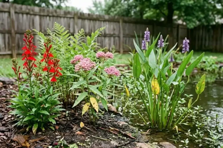 Water loving garden plants including cardinal flower, swamp milkweed, and royal fern growing along the edge of a small garden pond